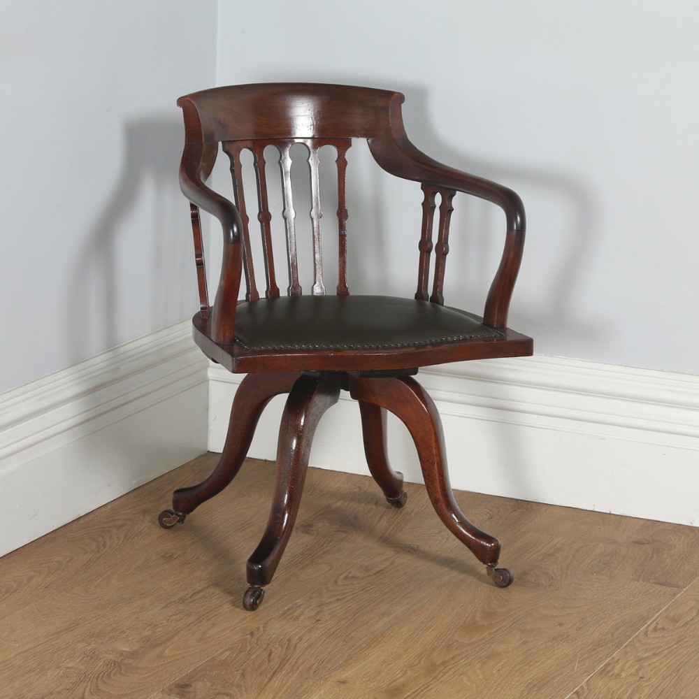 Antique English Victorian Mahogany & Leather Revolving Office Desk Arm Chair by James Schoolbred & Co. (Circa 1880)