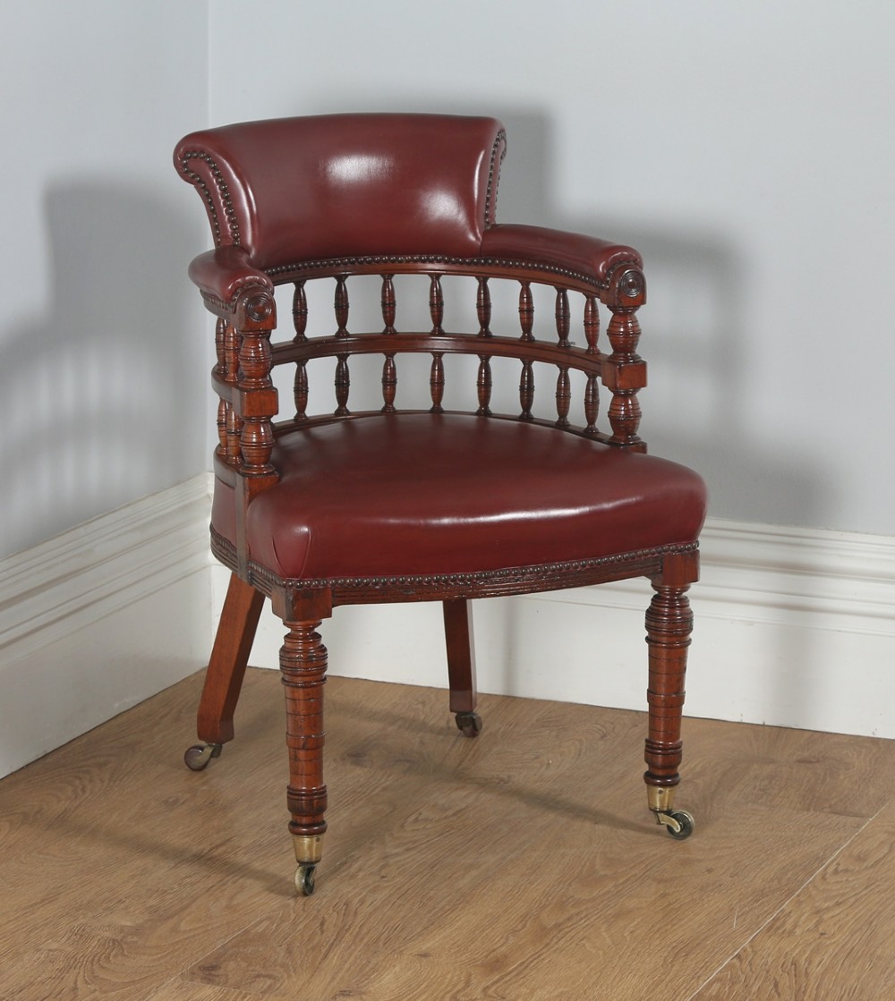 Antique English Victorian Walnut Burgundy Red Leather Office Desk Arm Chair (Circa 1880)