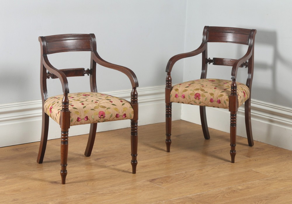 Antique English Pair of Georgian Sheraton Regency Mahogany Library Office Desk Carver Arm Side Chairs (Circa 1820)