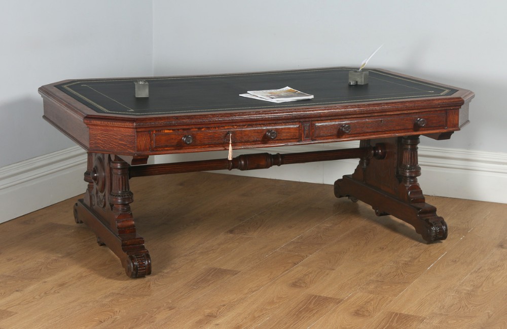 Antique English Victorian 6ft 6” Oak & Leather Partners Library Table Desk by Lamb of Manchester (Circa 1850)