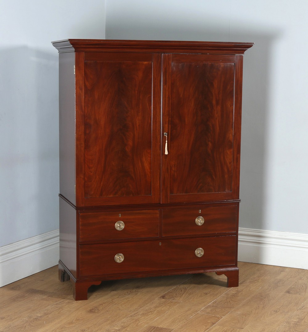 Antique English Georgian Flame Mahogany Linen Press Wardrobe Cupboard (Circa 1810)