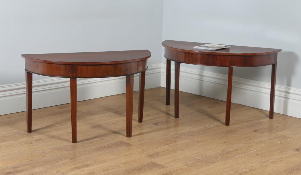 Antique English Pair of Georgian Mahogany Demilune Demi Lune Console Side Hall Tables (Circa 1790)