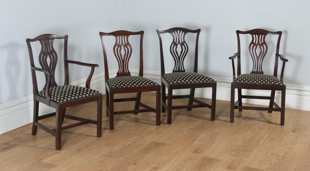 Antique English Set of Four Georgian Chippendale Style Mahogany Dining Arm & Side Chairs (Circa 1800)