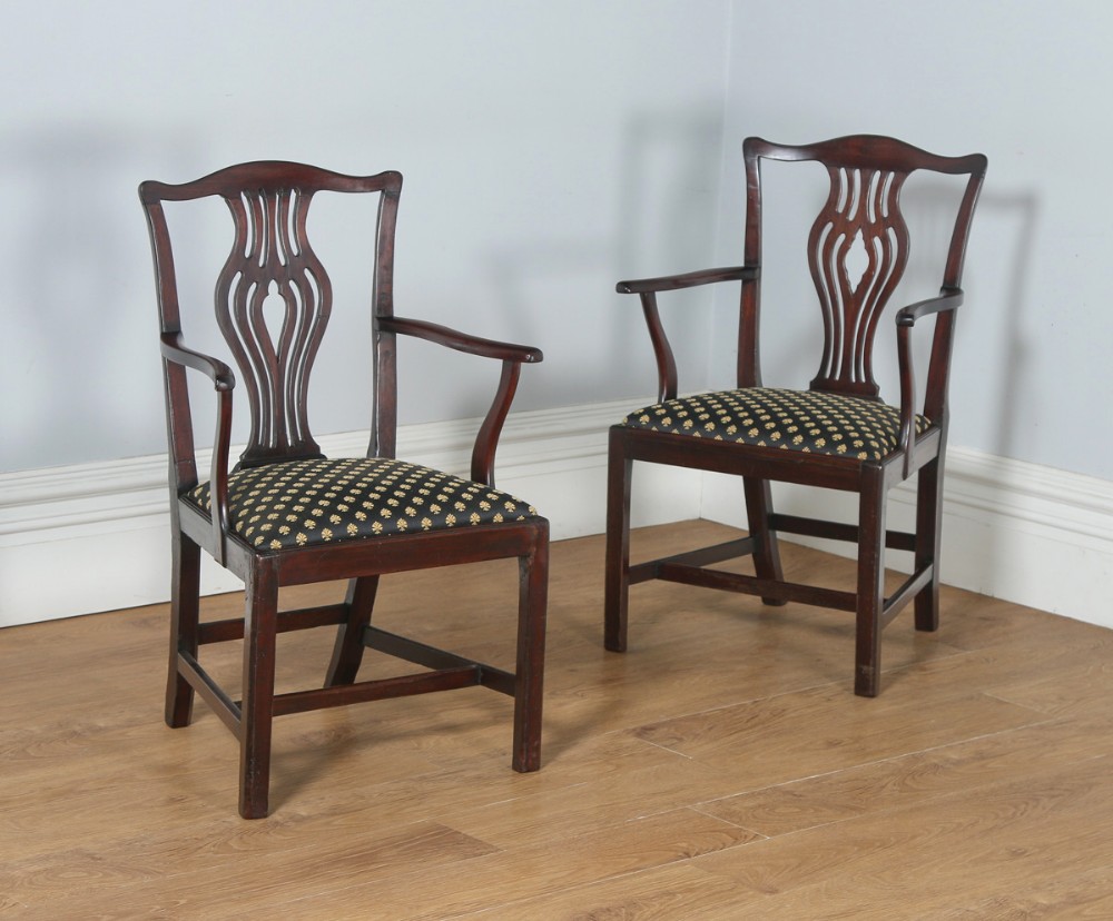 Antique English Pair of Georgian Chippendale Mahogany Office Desk Carver Arm Side Chairs (Circa 1800)
