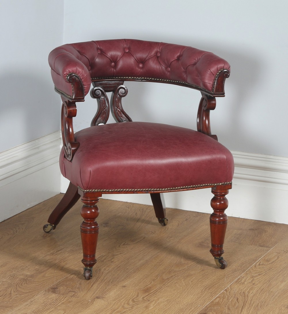 Antique English Victorian Mahogany & Crimson Red Leather Office Desk Arm Chair (Circa 1880)