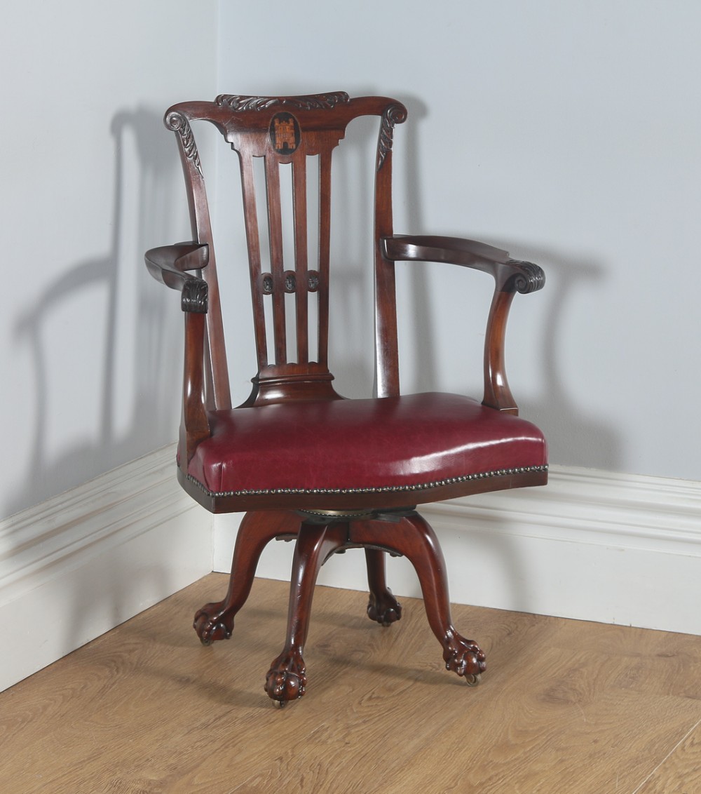 Antique English Georgian Chippendale Style Mahogany & Leather Revolving Office Desk Arm Chair (Circa 1890)