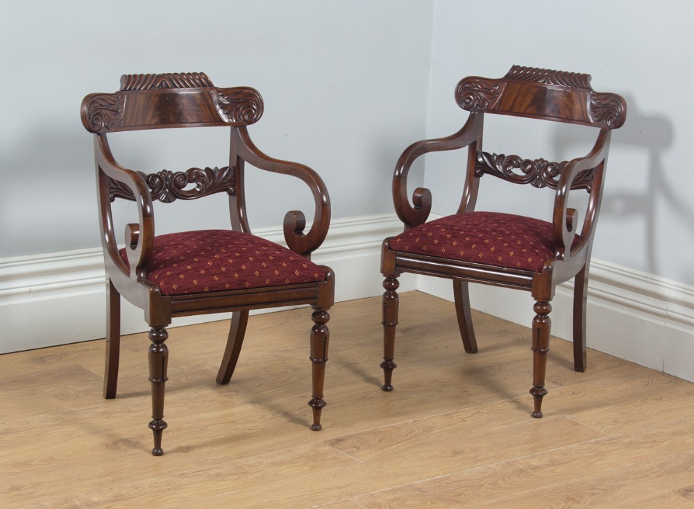 Antique English Pair of William IV Mahogany Library Office Desk Carver Arm Chairs (Circa 1830)