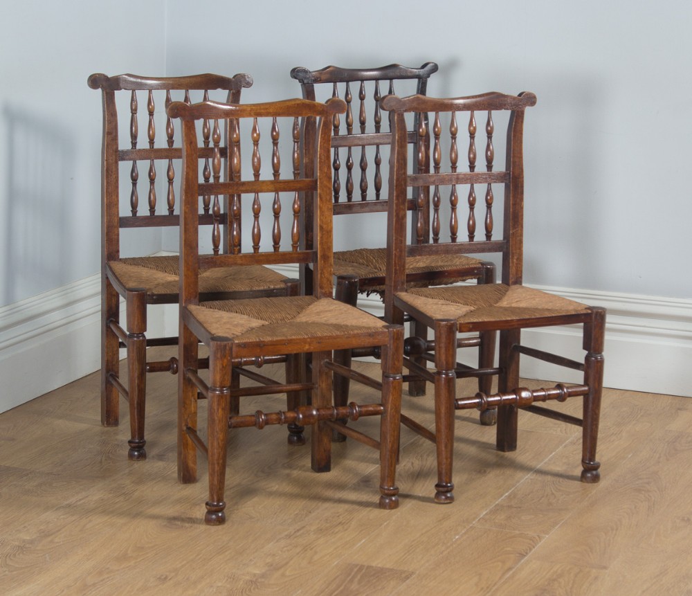 Antique Set of Four English Georgian Ash & Elm Spindle Back Country Farmhouse Kitchen Dining Chairs (Circa 1800)