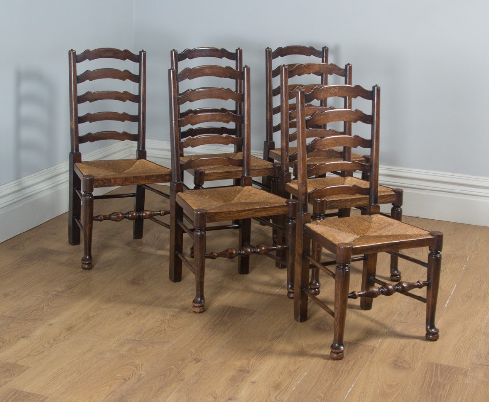 Antique Set of Six English Victorian Ash & Elm Ladder Back Farmhouse Chairs (Circa 1880)