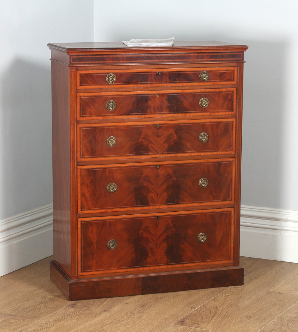 Antique English Georgian Sheraton Style Flame Mahogany & Satinwood Inlaid Chest of Drawers (Circa 1900)