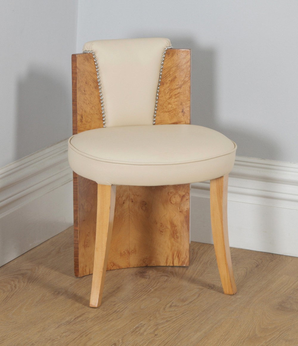 Antique English Art Deco Burr Maple & Cream Leather Stool by Epstein (Circa 1930)