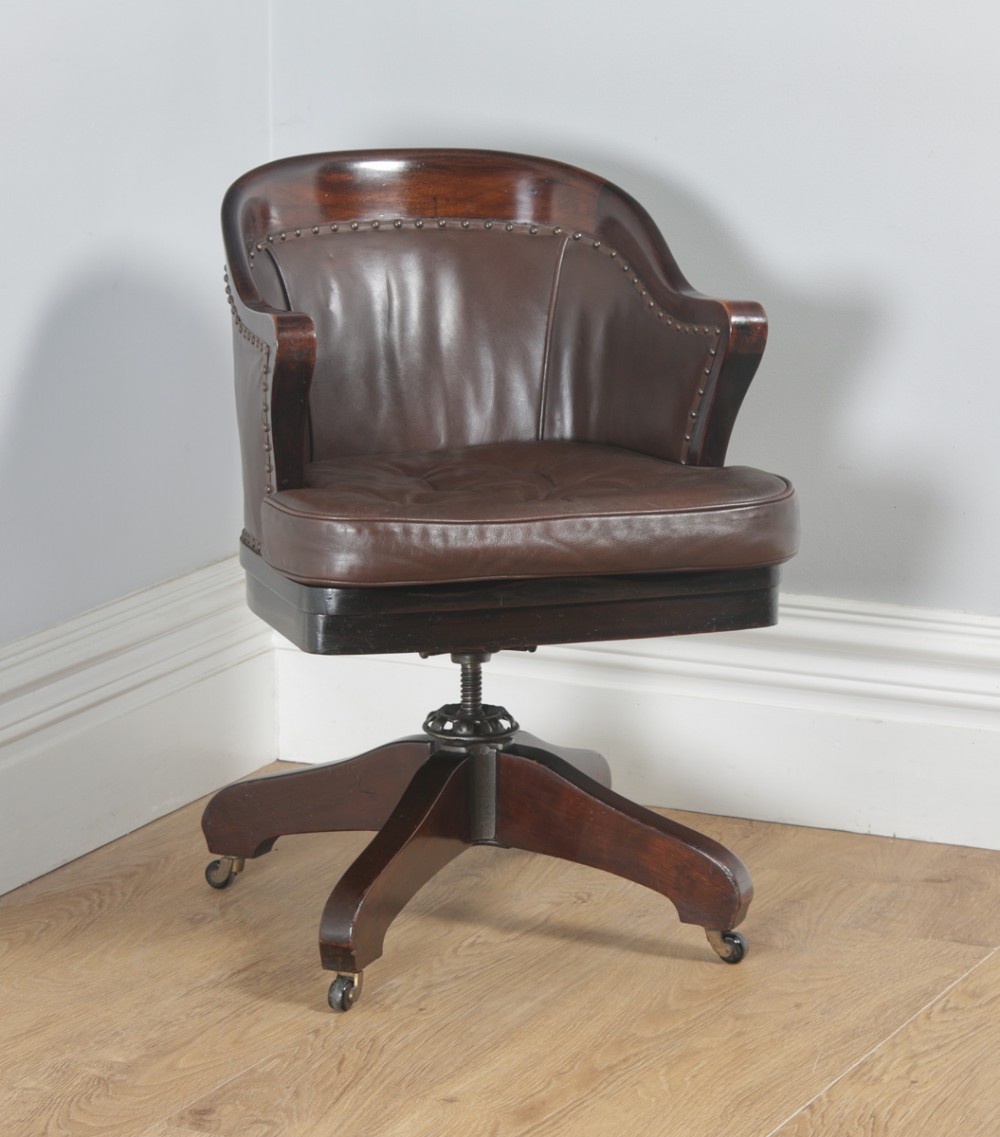 Antique English Edwardian Mahogany & Brown Leather Revolving Office Desk Arm Chair (Circa 1910)
