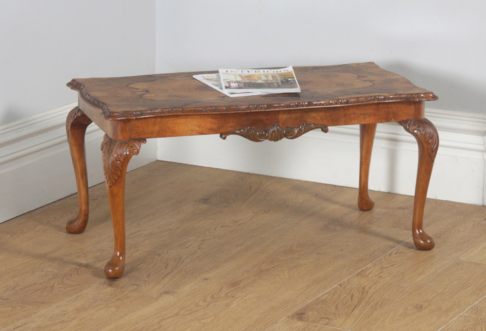Antique English Queen Anne Style Carved Burr Walnut Rectangular Coffee Table (Circa 1920)