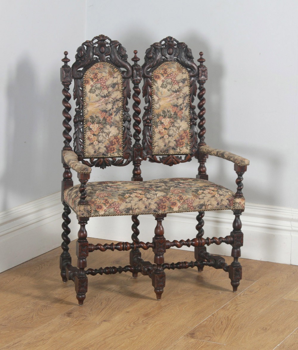 Antique English Victorian Black Forest Carolean Oak & Tapestry Couch Sofa Settee (Circa 1870)