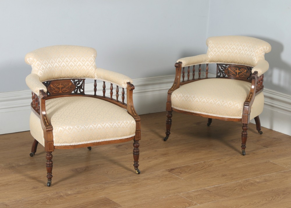 Antique Edwardian Pair of Rosewood & Mahogany Marquetry Inlaid Upholstered Salon Arm Chairs (Circa 1900)