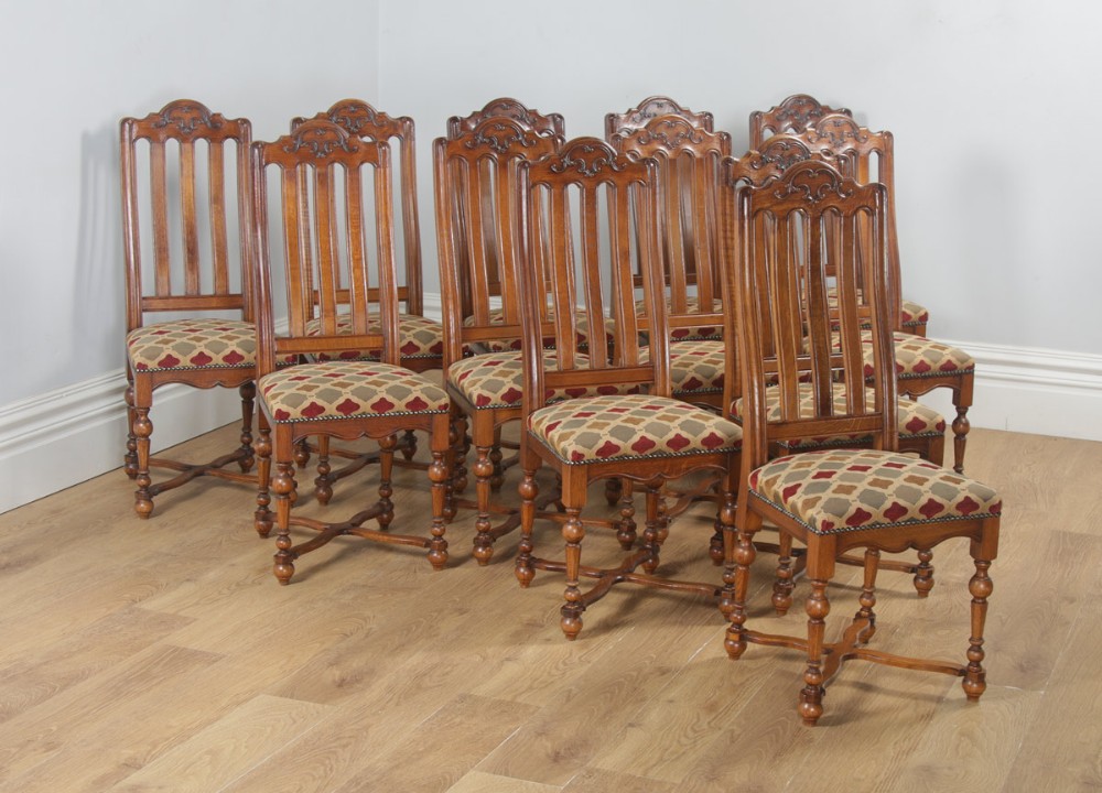 Antique Set of Twelve Belgian Louis Style Oak & Upholstered High Kitchen Dining Chairs by Rigaux (Circa 1920)