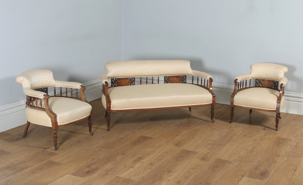 Antique Edwardian Three Piece Rosewood & Mahogany Marquetry Inlaid Upholstered Salon Sofa & Pair of Armchairs Suite (Circa 1900)