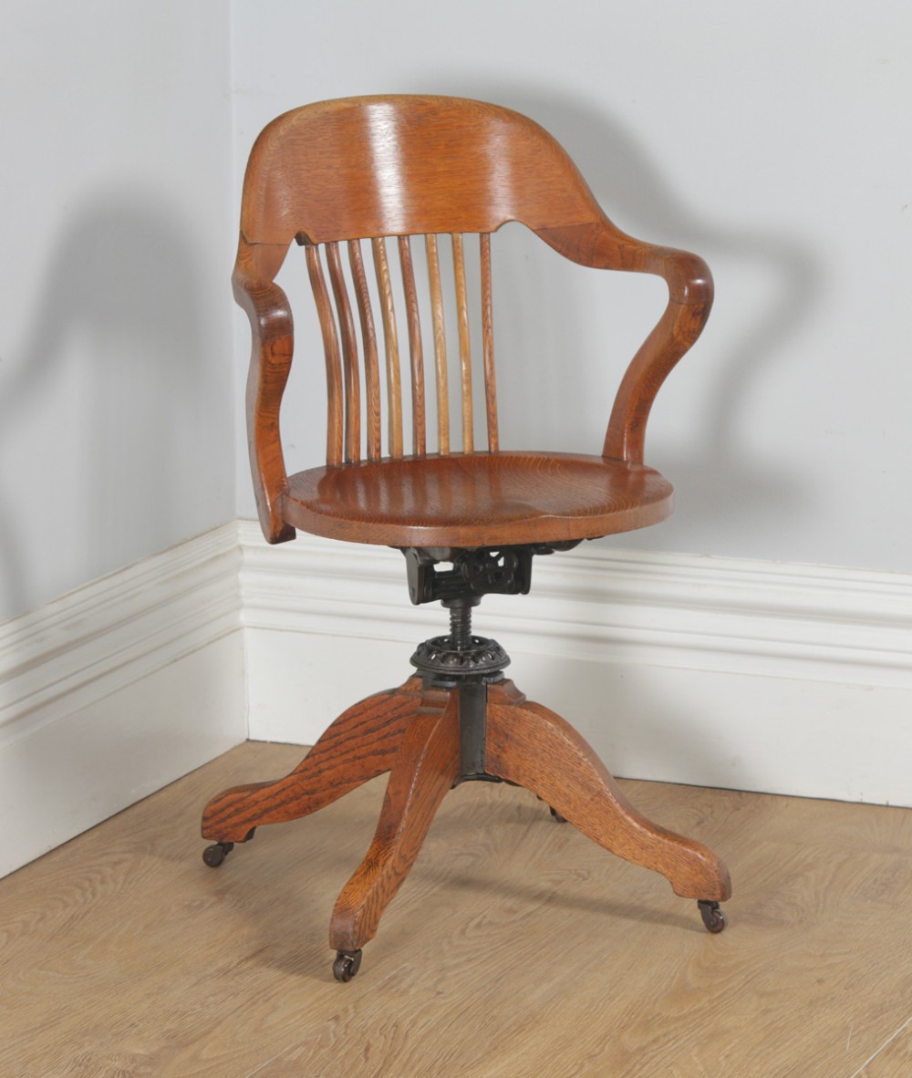 Antique English Edwardian Oak Revolving Office Desk Arm Chair (Circa 1910)
