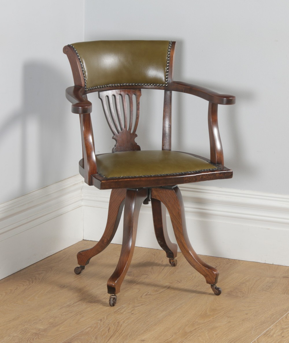 Antique English Victorian Beech & Green Leather Revolving Office Desk Arm Chair (Circa 1900)
