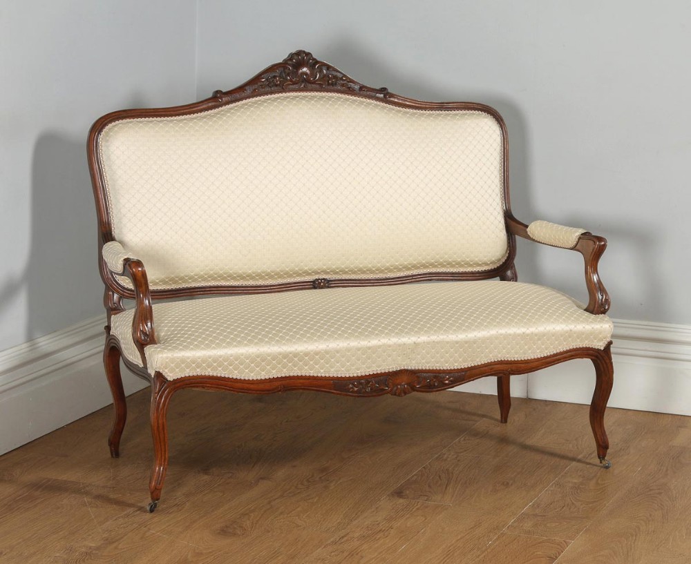 Antique French Pair of Louis XV Style Walnut Upholstered Salon Couch Sofa Settee (Circa 1860)