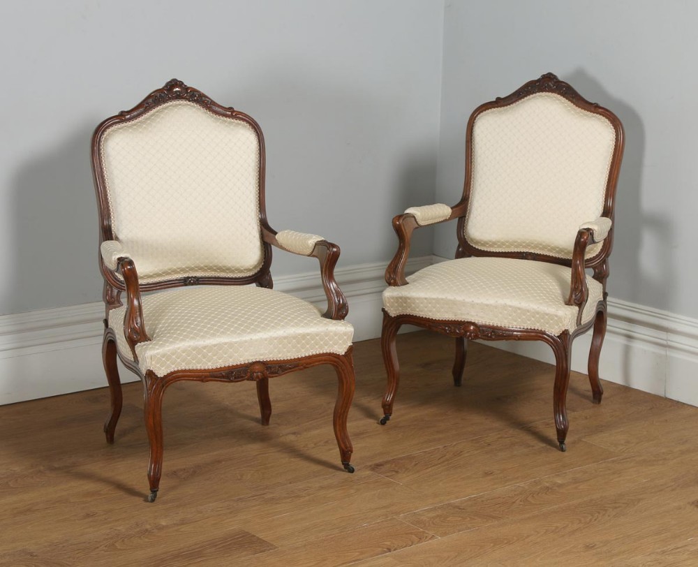 Antique French Pair of Louis XV Style Walnut Upholstered Salon Fauteuil Armchairs (Circa 1860)
