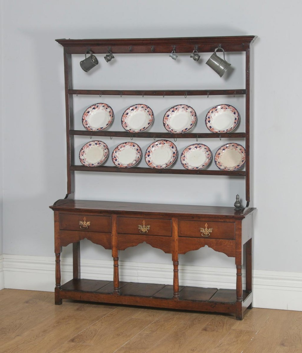 Antique English Georgian Oak Low Side Board Dresser Base & Rack with Potboard (Circa 1780)