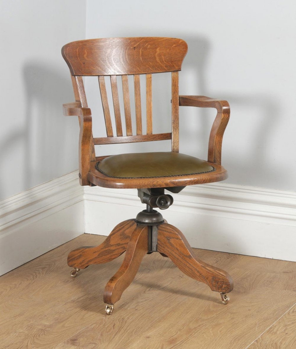 Antique English Edwardian Oak & Green Leather Revolving Office Desk Arm Chair (Circa 1910)