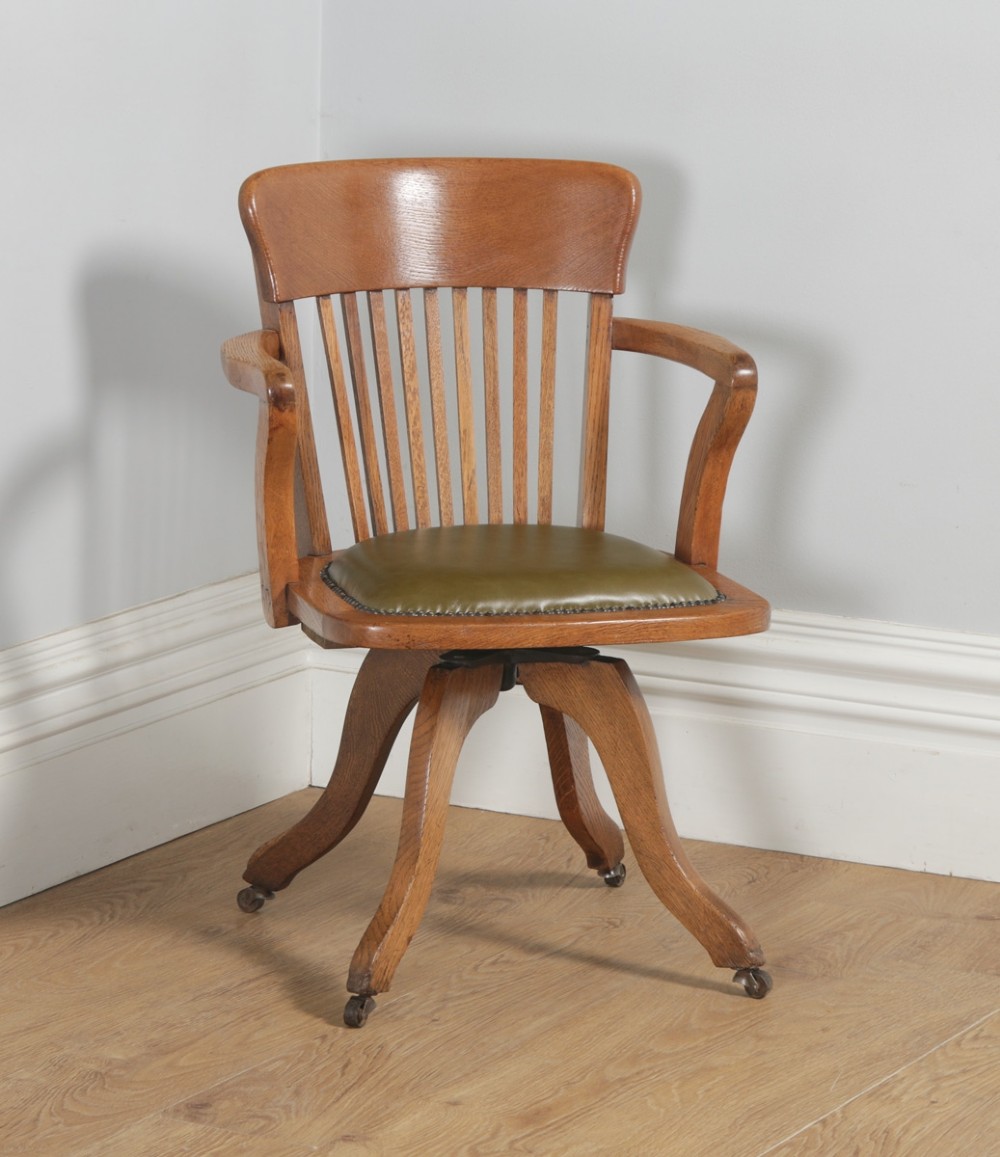 Antique Edwardian Oak & Green Leather Revolving Office Desk Arm Chair (Circa 1910)