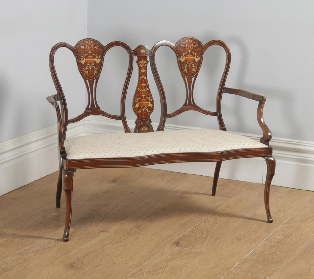 Antique English Victorian Mahogany & Satinwood Marquetry Inlaid Salon Couch Sofa Settee (Circa 1890)