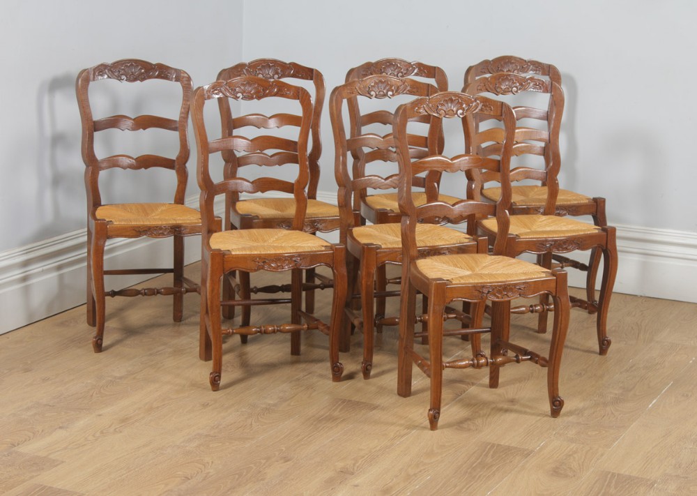 Antique Set of Eight French Louis XV Style Oak Ladder Back Rush Seat Kitchen Dining Chairs (Circa 1910)