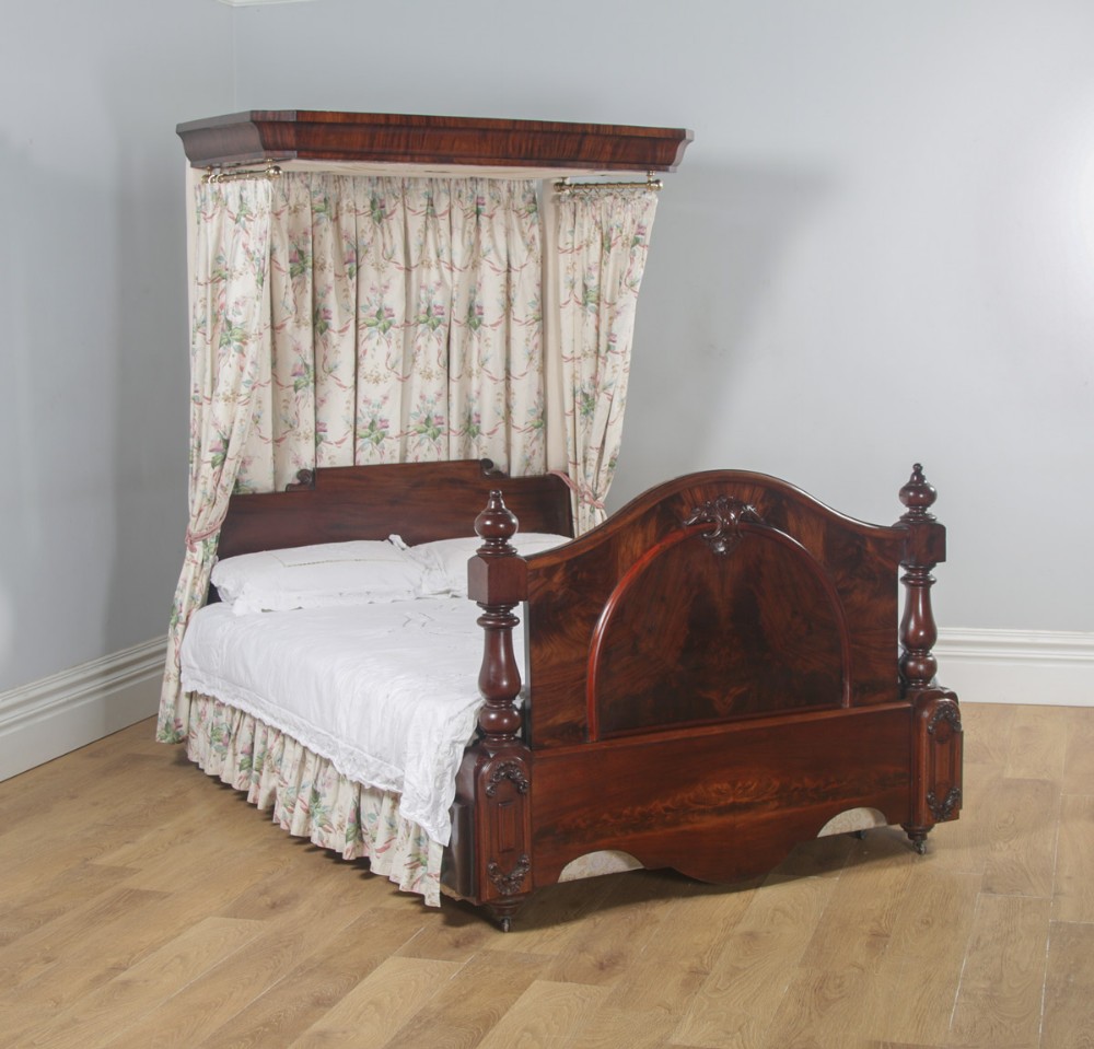 Antique English Victorian Flame Mahogany 5ft King Size Half Tester Bed (Circa 1850)