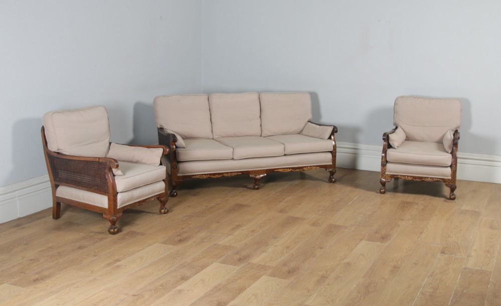 Antique English Edwardian Oriental Chinoiserie Style Three Piece Mahogany & Cane Bergere Lounge Suite (Circa 1900)