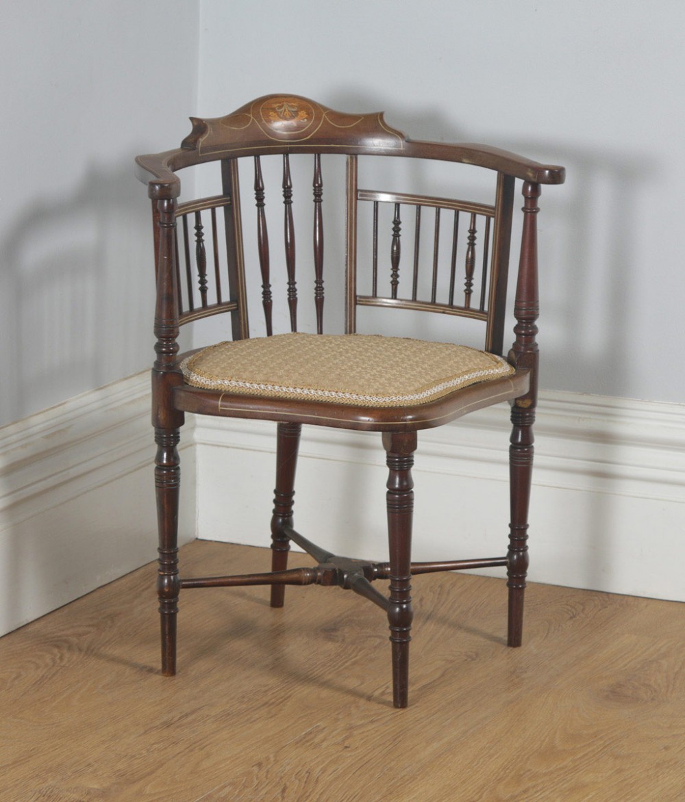Antique English Edwardian Mahogany Inlaid Satinwood Marquetry Salon Corner Arm Chair (Circa 1900)