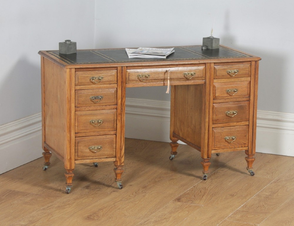 Antique English Victorian Ash & Green Leather 4ft Office Pedestal Desk (Circa 1890)