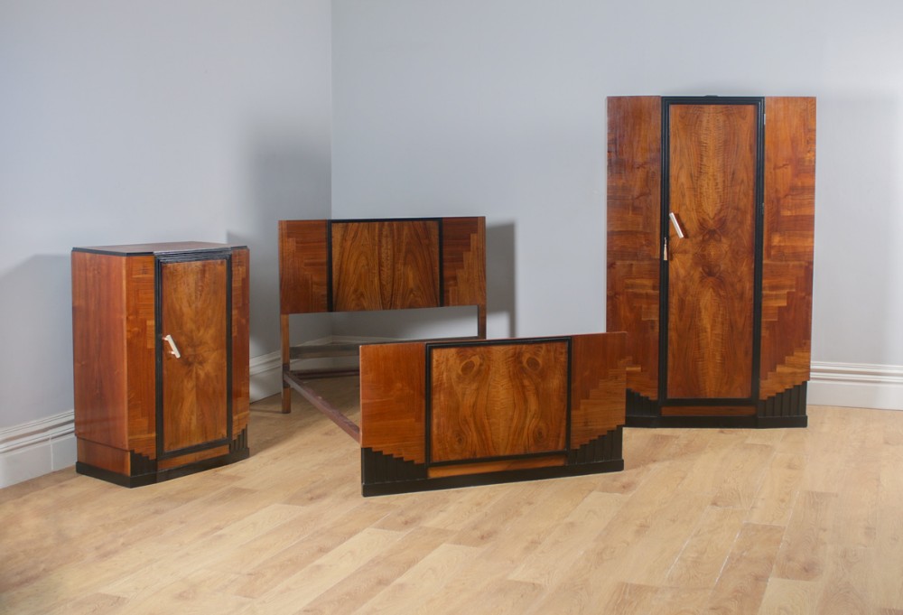 Antique English Art Deco Figured Walnut Three Piece Bedroom Suite – Bed Wardrobe Chest of Drawers (Circa 1930)