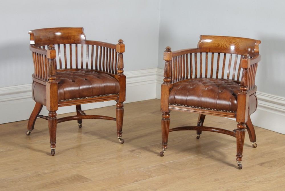 Antique English Pair of Victorian Oak & Brown Leather Office Desk Library Club Arm Chairs (Circa 1850)