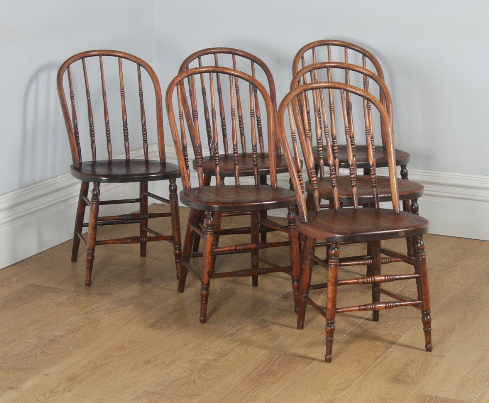 Antique Set of Six English Edwardian Ash & Oak Liberty Stick Hoop Back Windsor Kitchen Dining Chairs (Circa 1900)