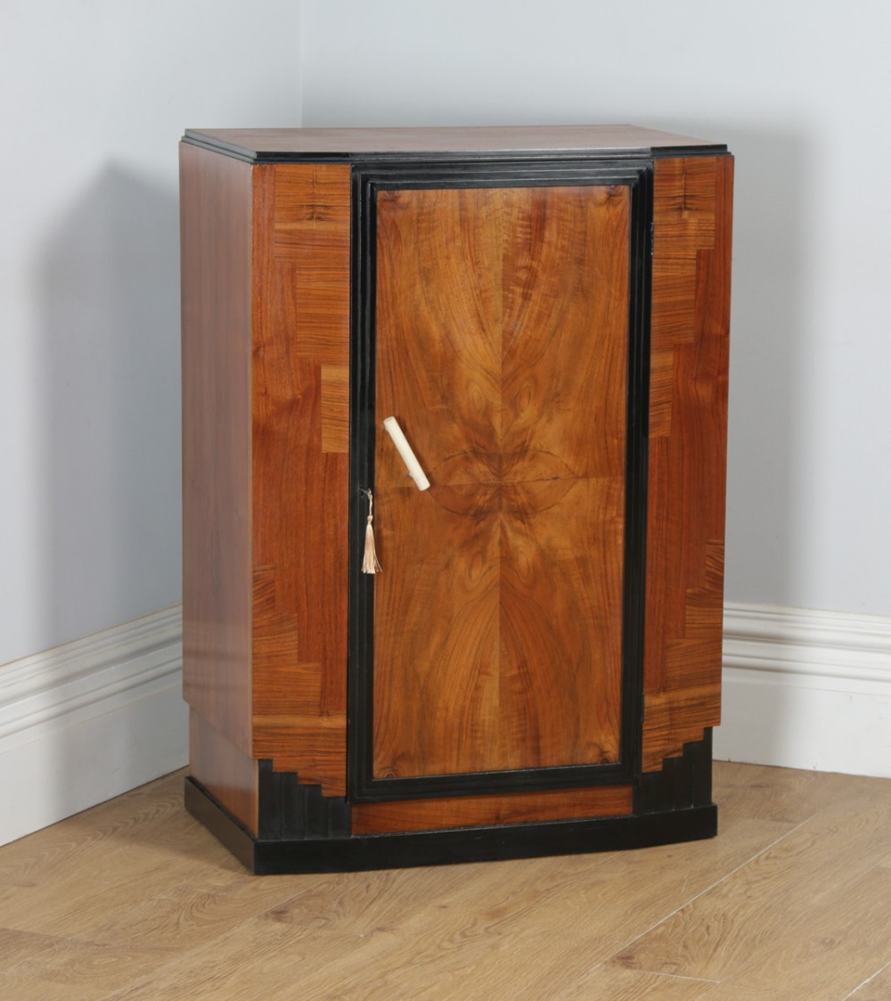 Antique English Art Deco Figured Walnut & Ebony Tallboy Chest of Drawers (Circa 1930)