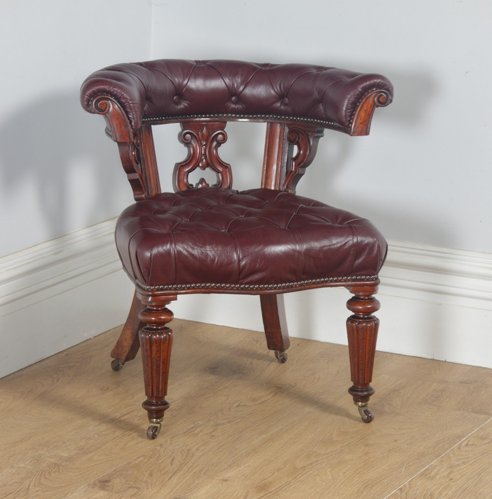 Antique English Victorian Mahogany & Burgundy Red Leather Office Desk Arm Chair (Circa 1860)