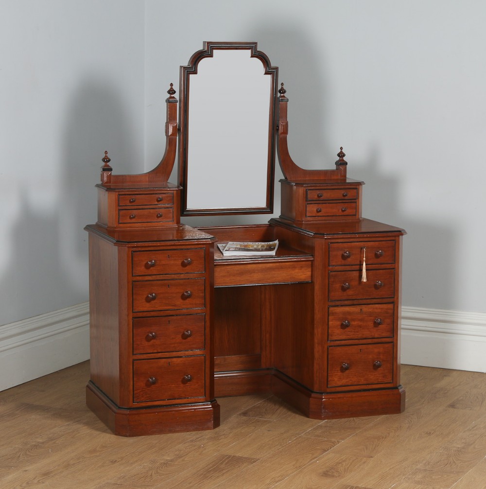 Antique English Victorian Gothic Pitch Pine & Ebony Pedestal Dressing Table with Mirror (Circa 1890)