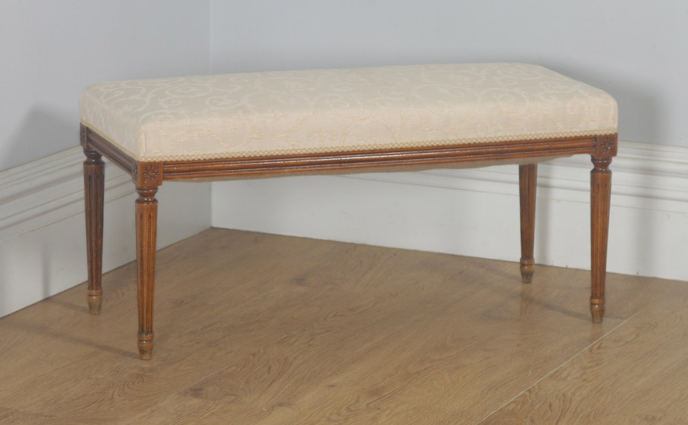 Antique French Louis XVI Style Walnut Upholstered Duet Music Window Stool Ottoman Seat (Circa 1880)
