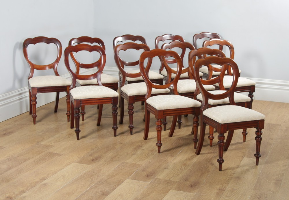 Antique English Victorian Set of 12 Twelve Mahogany Crown Top Balloon Back Dining Chairs (Circa 1880)