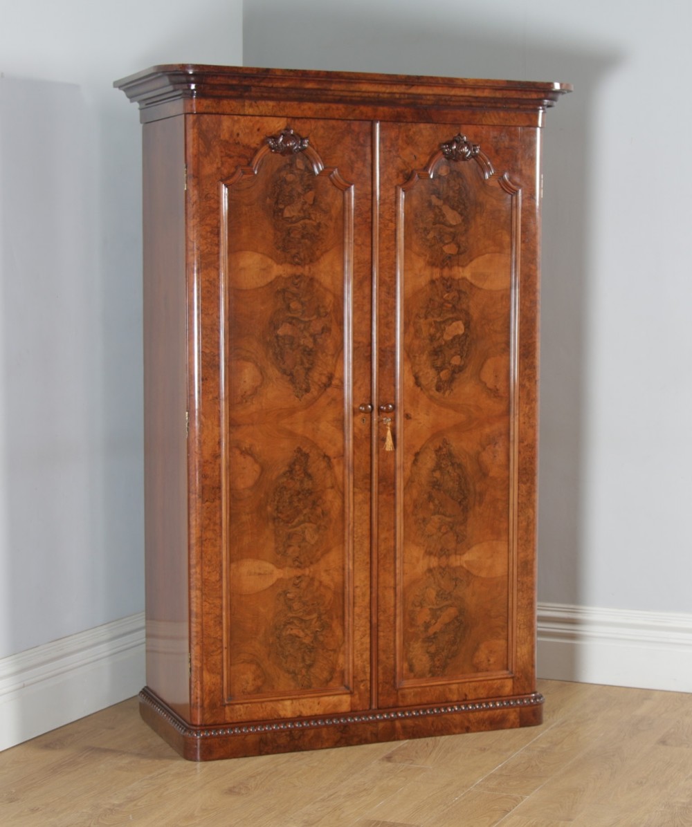 Antique English Victorian Burr Walnut & Satinwood Two Door Wardrobe Cupboard Linen Press (Circa 1880)