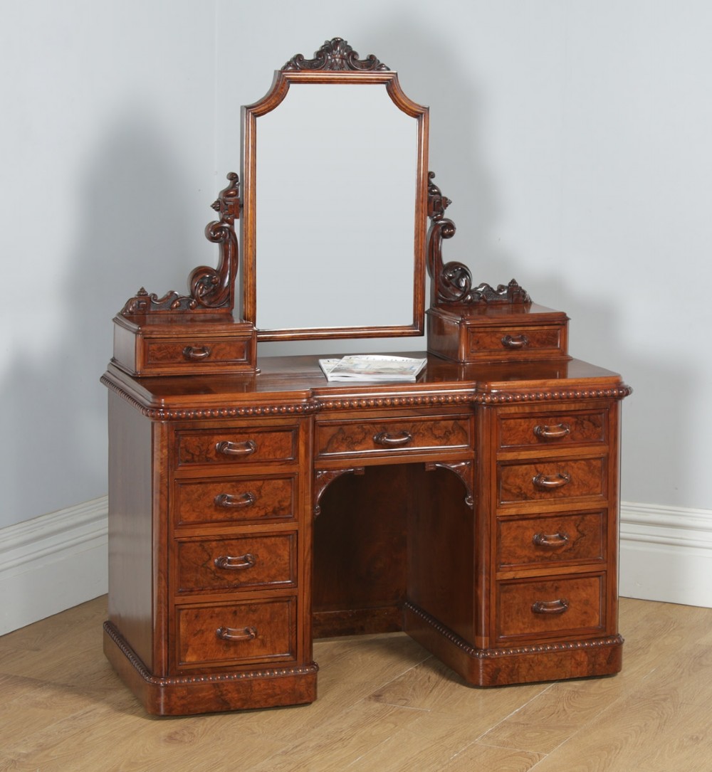 Antique English Victorian Burr Walnut Pedestal Dressing Table with Mirror (Circa 1880)