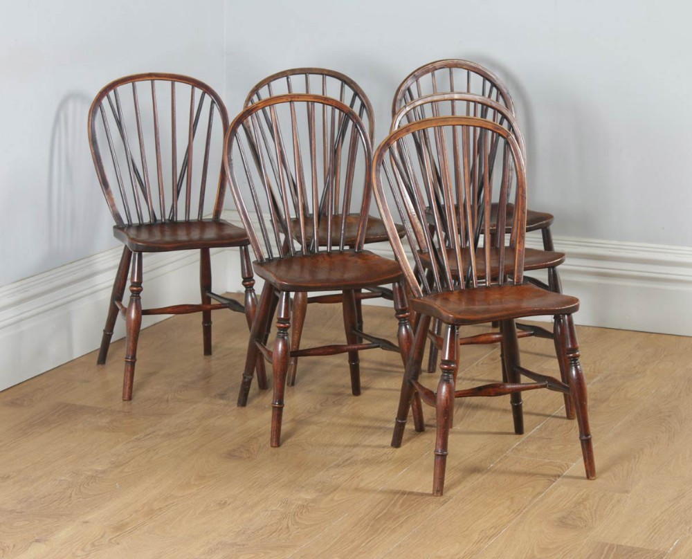 Antique Set of Six English Victorian Ash & Elm Stick & Hoop Back Kitchen Country Chairs (Circa 1850)