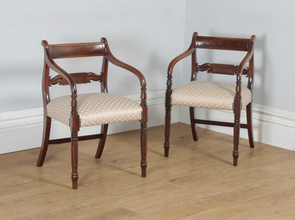 Antique English Pair of Georgian Regency Mahogany Library Office Desk Elbow Carver Armchairs (Circa 1830)
