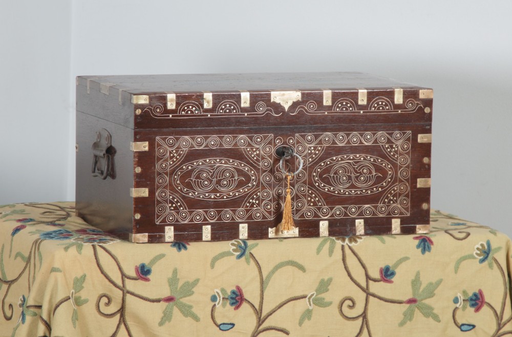Antique Victorian Burmese Teak & Brass Chiming Colonial Campaign Mandalay Writing Jewellery Sewing Box (Circa 1880)