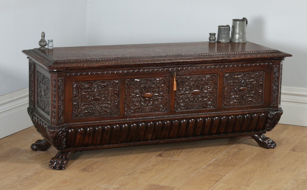 Antique Italian Renaissance Carved Oak Carved Marriage Cassone Chest Coffer Trunk (Circa 1820)