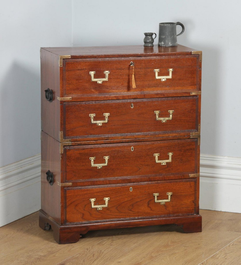 Small Antique English Victorian Teak & Brass Military Campaign Chest of Drawers (Circa 1830)