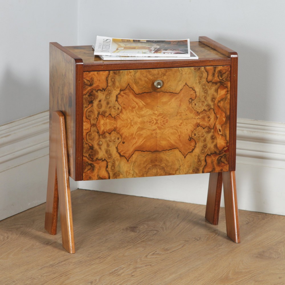 Antique English Art Deco Burr Walnut Bedside Cabinet Table (Circa 1930)